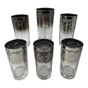 6 Dorothy Thorpe Silver Fade Grape Leaves Vintage MCM Tumbler Highball Glasses